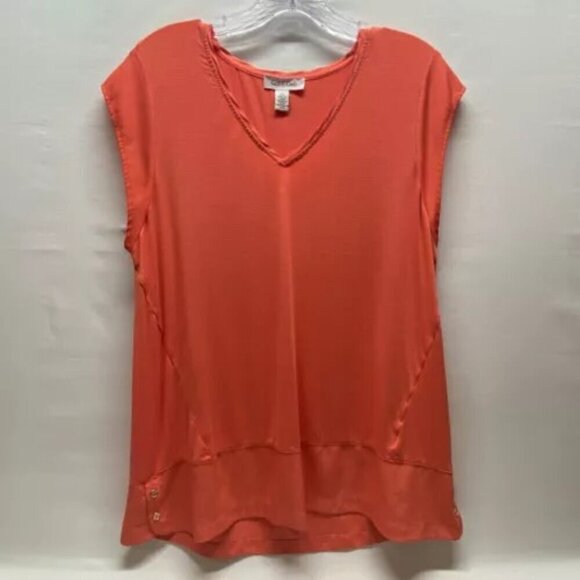 Calvin Klein Women's V-Neck Top Large Orange Multi Layer Fabric Tunic Shirt NWOT - Picture 2 of 12